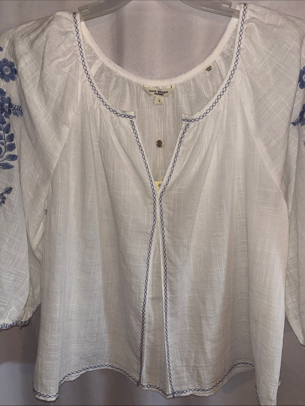 Max Studio White Peasant Blouse with Blue Floral Sleeve Embroidery - Picture 9 of 13